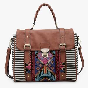 Harlow Aztec Embroidered Satchel in Black Stripe